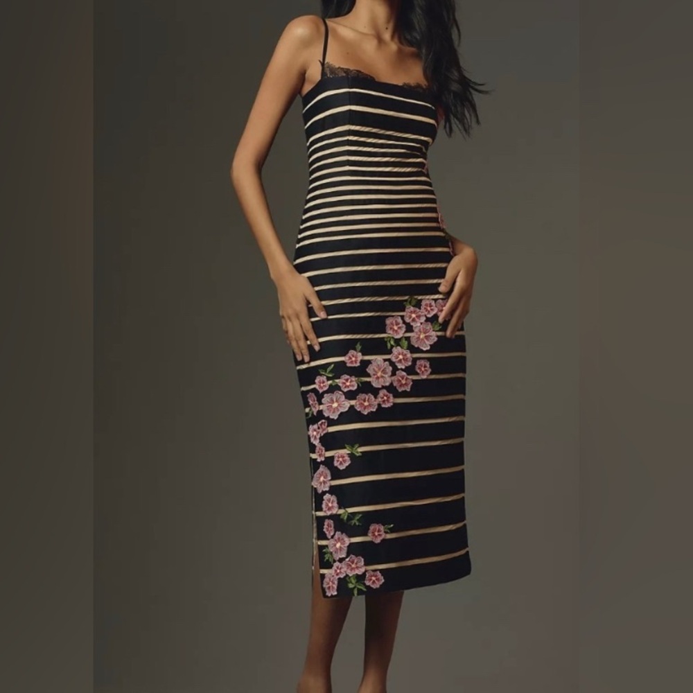 Anthropologie Black and Tan Strapless Sheath Cocktail Dress 3D floral design